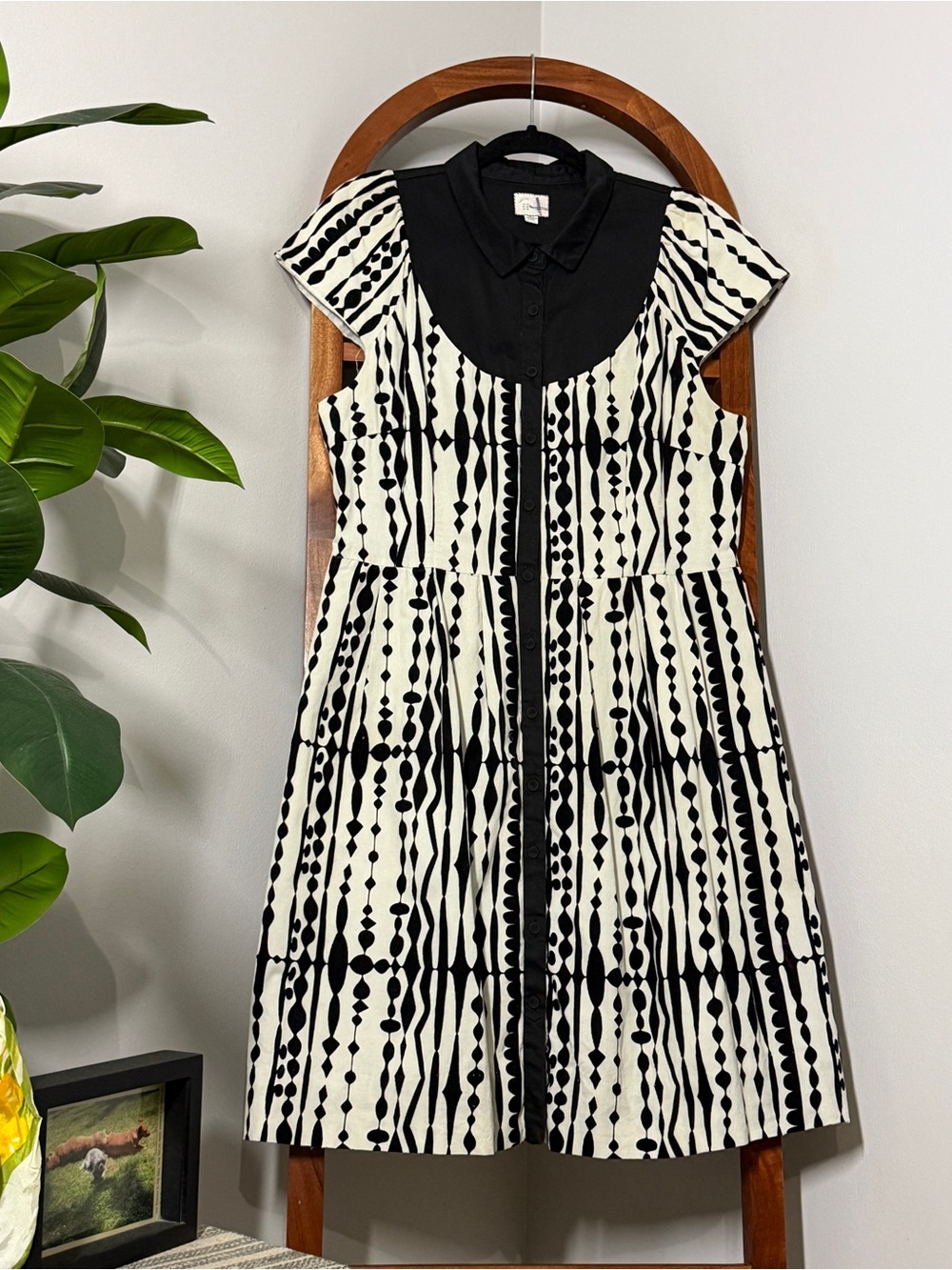 Anthropologie Postmark 14 Cream Black Harlequin Corduroy Shirt Dress